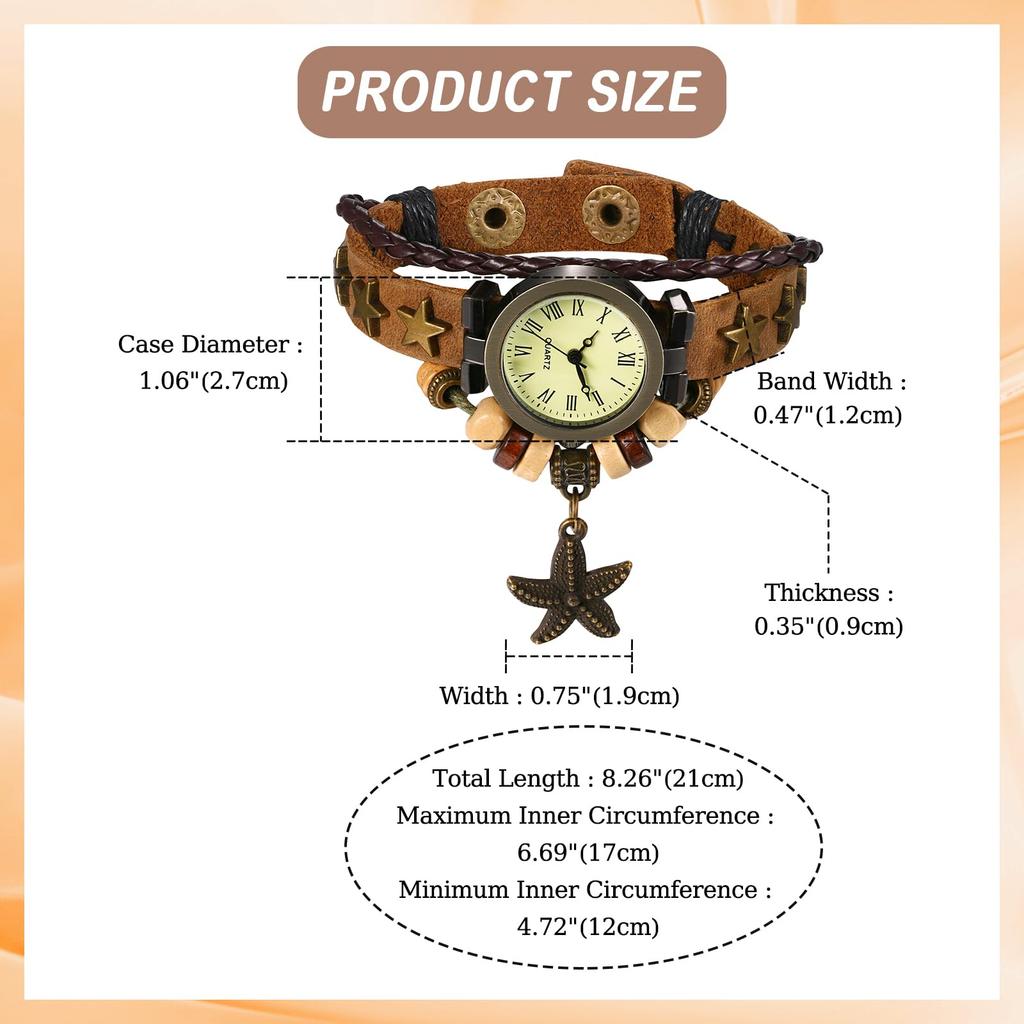Antike Leder Süße Perlen Seestern Analog Verstellbar Leder Braun Quarz Modeuhr Perfektes Geschenk für Tag Damen Multi-Wrap Uhrendesign,