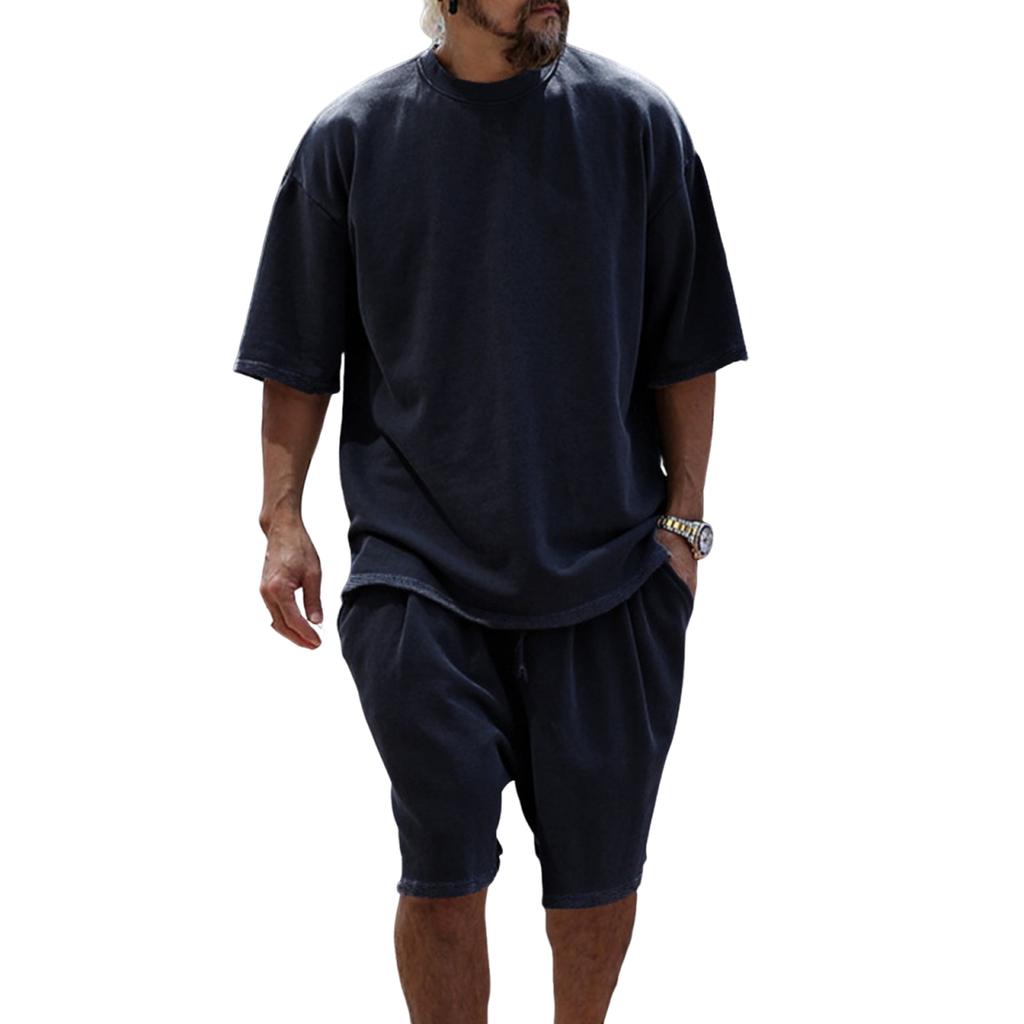 Set Due Pezzi T-shirt da Uomo a Maniche Corte Girocollo e Pantaloncini con Coulisse Outfit Estivo Casual Vestibilità Larga per l'Uso Quotidiano