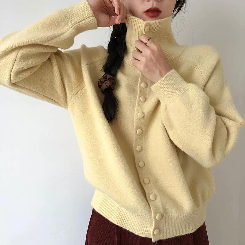 Cárdigan de Punto de Cuello Alto para Mujer Otoño Color Sólido de un Solo Botón Prendas de Abrigo Mujer Coreano Suave Tejido de Cachemir