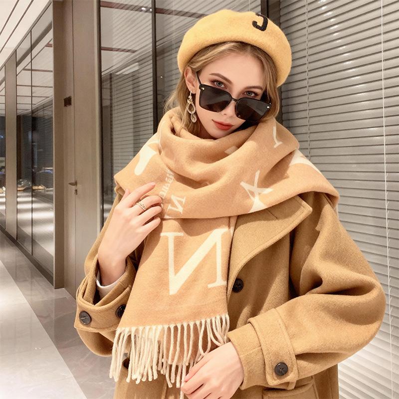 Winter Kaschmirschal für Damen Briefdruck Warmer Schal Khaki Winddichte Umhang Pashmina Taschentuch Winddichtes Design Damen Schal brown