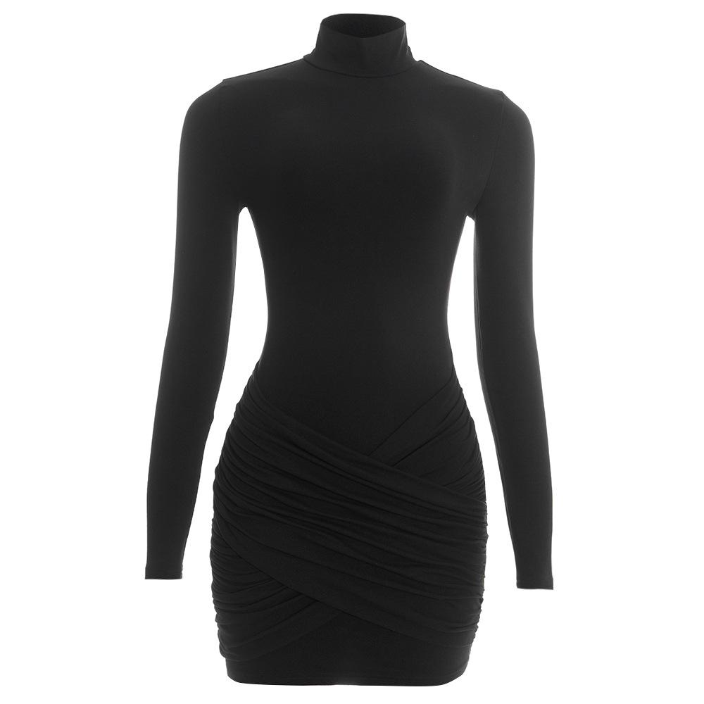 

High Neck Ruched Slimming High Waist Long Sleeve Short Dress Medium чорний
