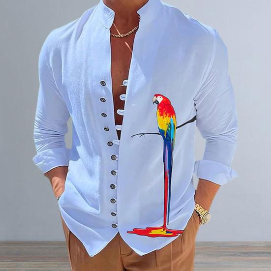 Männer Hemd Papagei Druck Stehkragen Langarm Einreiher Mittlere Länge Täglich Tragen Lässige Weiche Atmungsaktive Männer Herbst Top männlichen Kleidung