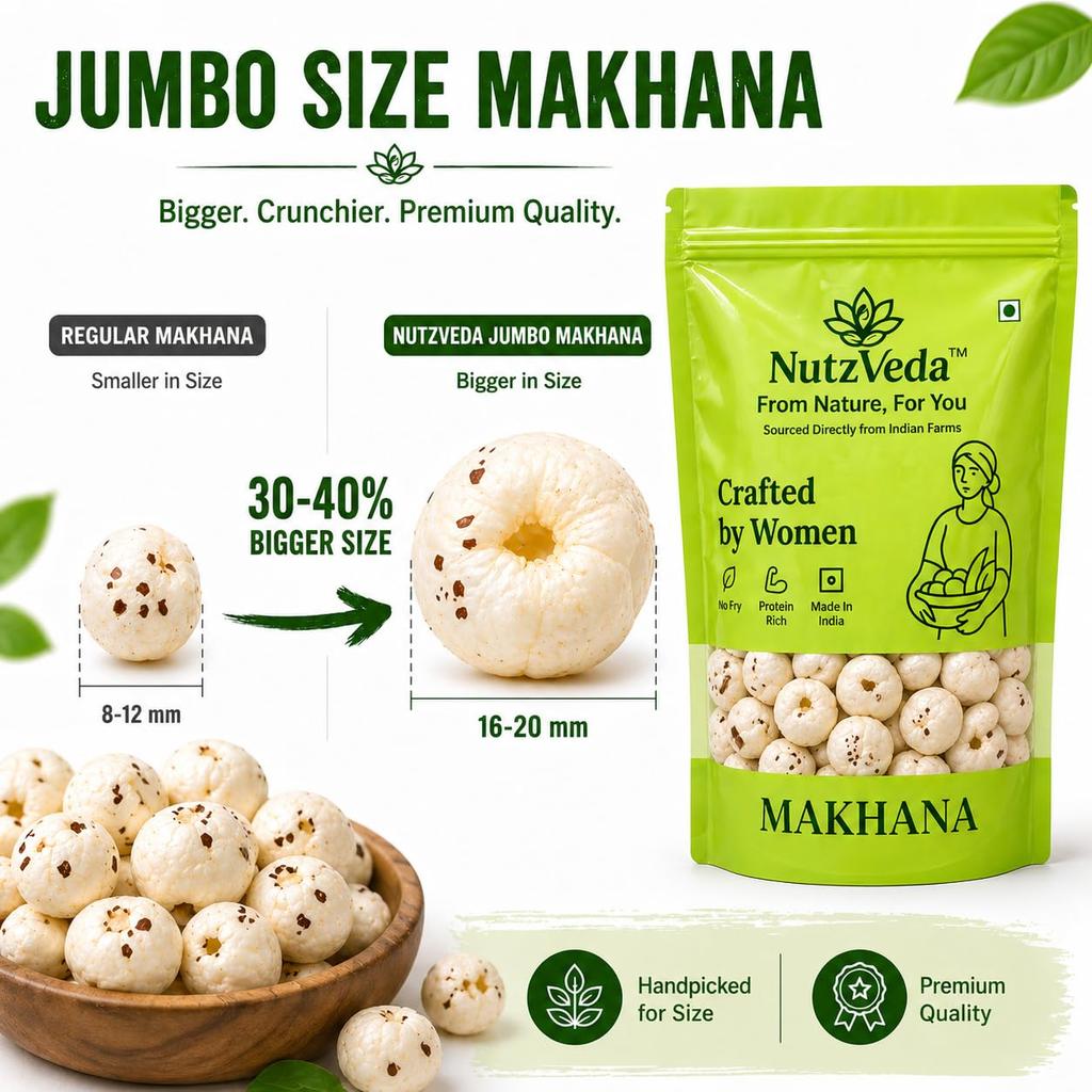 Nutzveda Makhana Naturale Premium (250g) | Formato Jumbo, Noci di Volpe Selezionate a Mano | Ricche di Proteine, Leggere e Croccanti | Adatte al Digiuno | Provenienti dall'India