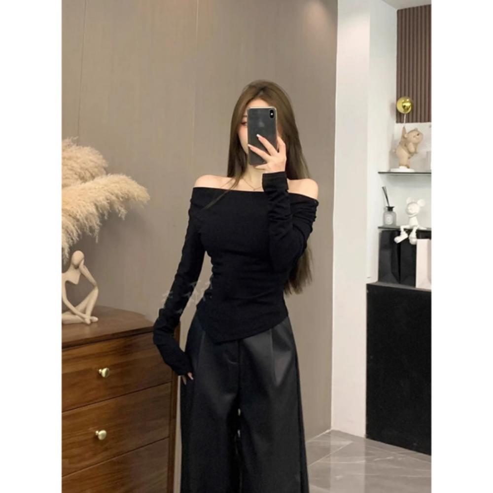 

Женская футболка с длинным рукавом и отложным воротником на осень-зиму, сексуальная, с чистым желанием, необычного кроя, облегающая, нишевая, шикарный топ с подкладкой XL чёрный