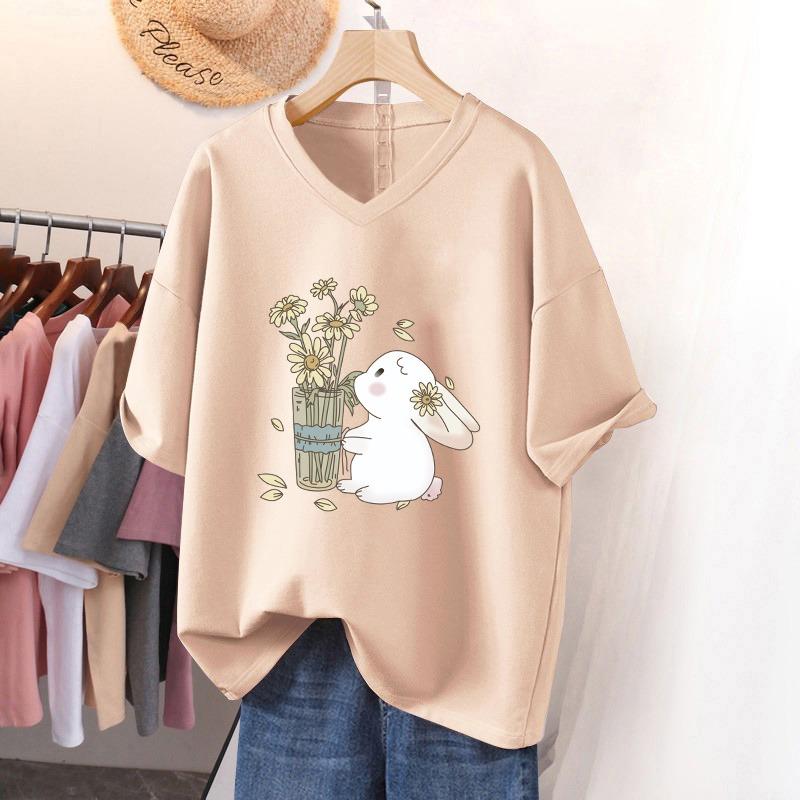 Dámské tričko s krátkým rukávem, volného střihu, zeštíhlující top s potiskem a výstřihem do V