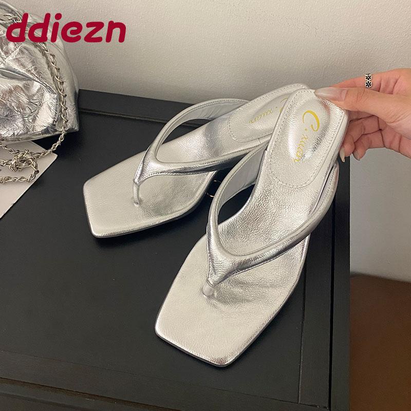 Fashion Fashion Square Toe Women Thin Heels Slippers Slides Female Flip Flops Shallow Ladies Heels Slippers Sandals Shoes Pumps