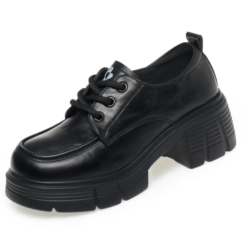 Height-enhancing British Style Leather Shoes for Women Thick-soled Lace-up Loafers Black Versatile Thick-heeled Shoes