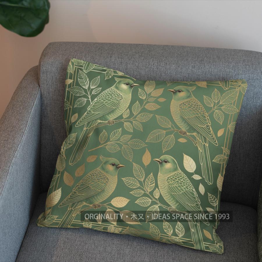 2D Elegant Green Birds Floral Pattern Pillow Cover Pattern Cushion Cover Suitable For Sofa Bedroom Car Pillow Cover