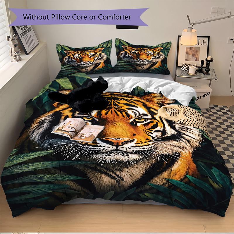3pcs Tiger Print Duvet Cover Set - Machine Washable, Includes 1 Cover and 2 Pillowcases, No Core Included yy251013095
