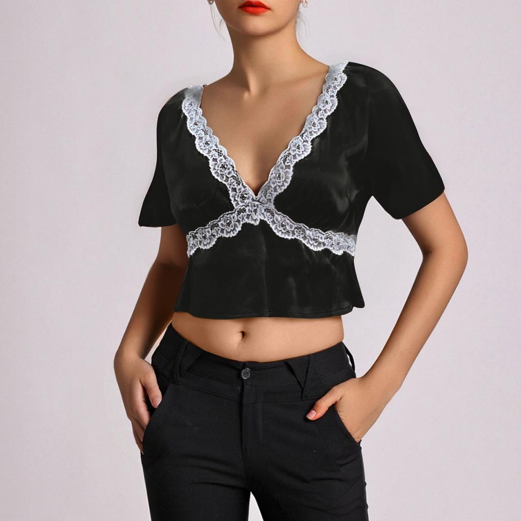 Women's Fashion Casual Summer Lace Sexy Slim Navel-Exposed Short Sleeve Top