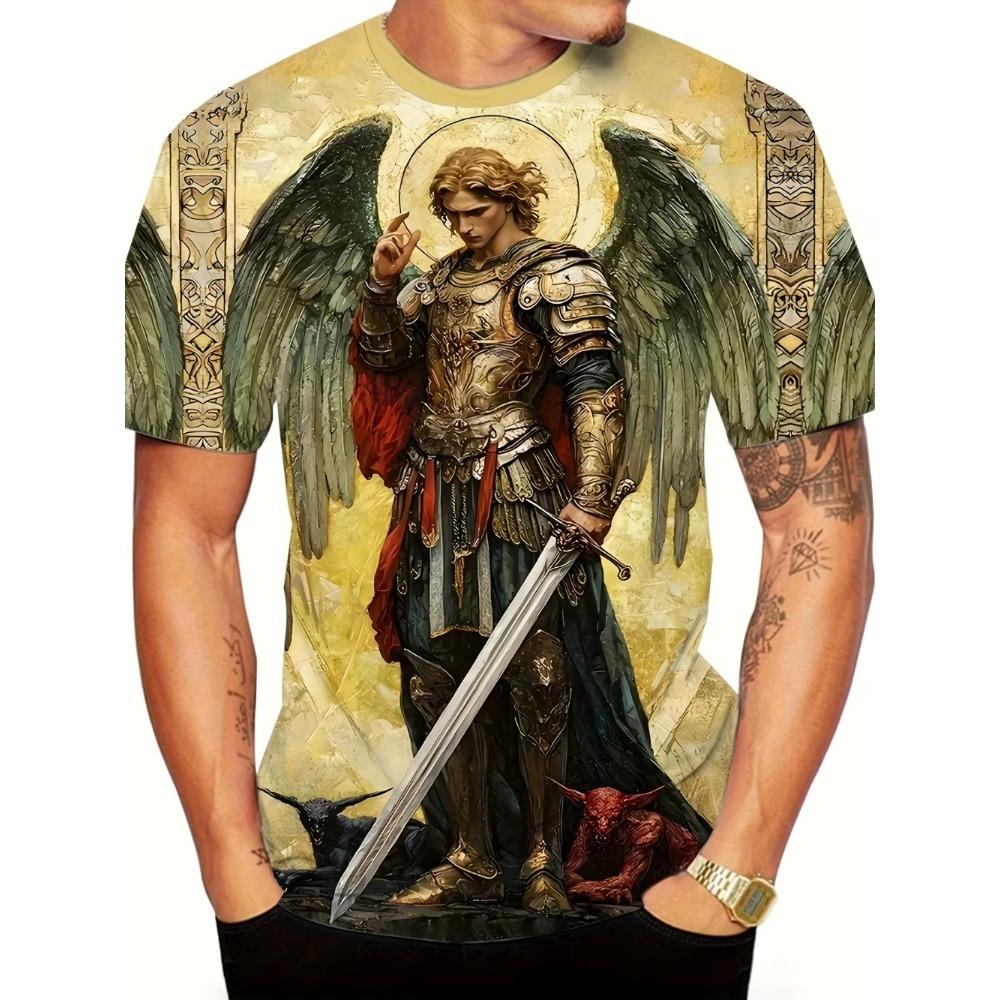 Mens 3d Angel Warrior Graphic T Shirt Golden Sword Design 3D Printed Tshirt For Men Clothes Wing Ornate Border Unisex Tee Tops