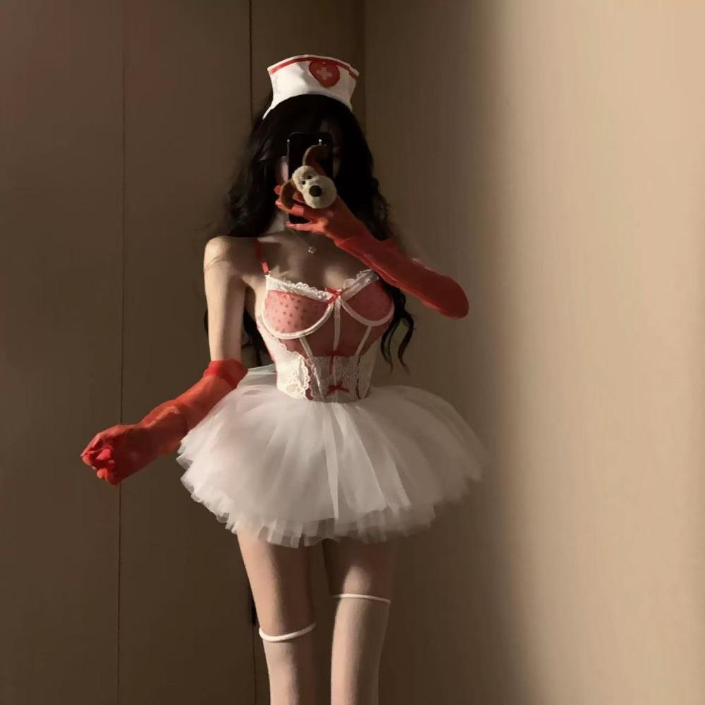 Man Desire Sexy Lingerie Pure Desire Nurse Uniform Lace Bow Heart Perspective Onesie Sexy Suit 9276