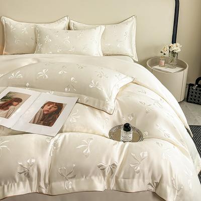 Ensemble de Literie 4 Pièces Été Jacquard Nœud en Satin Soie Glacée Drap Housse Taie d'Oreiller Housse de Couette Collection de Literie Douce Lisse Confortable