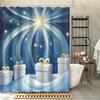 Christmas Themed Artistic Starry Night Bath Drapery with Golden Stars and Gift Box Print, Includes 12 Hooks, Machine Washable