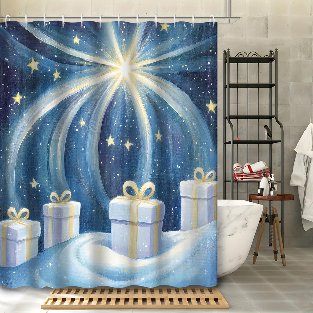 Christmas Themed Artistic Starry Night Bath Drapery with Golden Stars and Gift Box Print, Includes 12 Hooks, Machine Washable