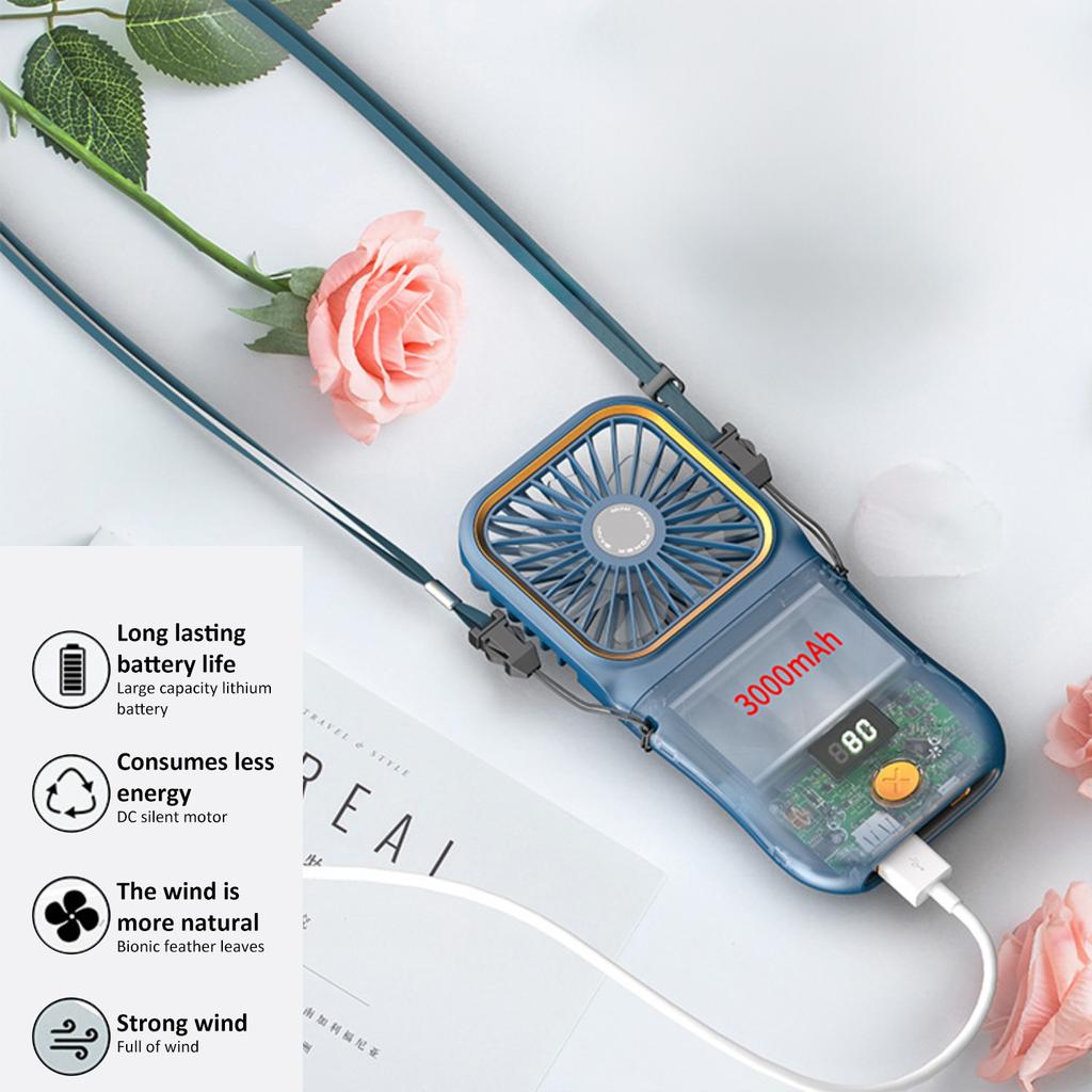 Nuovo Ventilatore Portatile Pieghevole con Display Digitale, Piccolo Ventilatore Ricaricabile da Tenere in Mano, Comodo da Appendere al Collo per Esterni, Mini Ventilatore da Collo a Ricarica USB