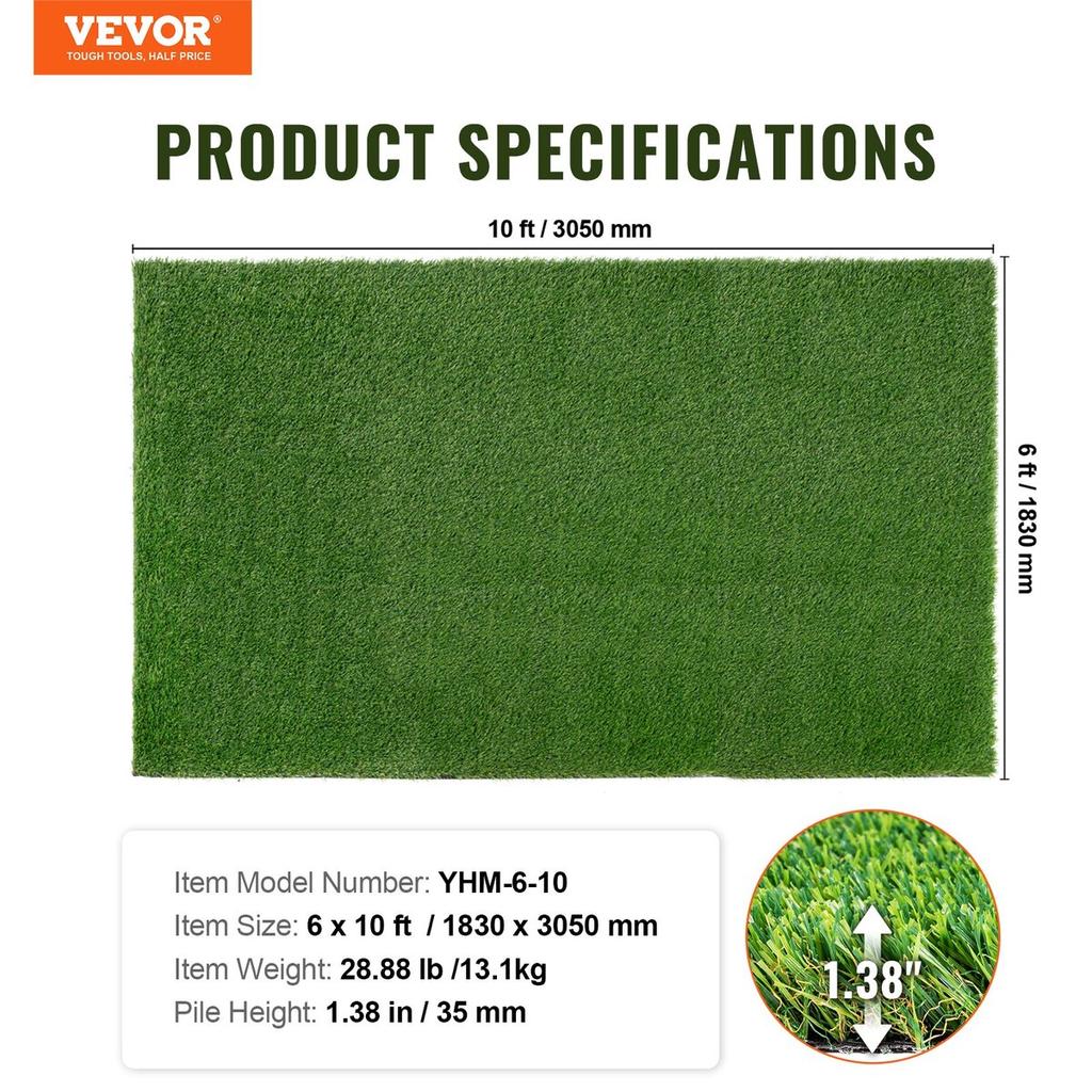 Artifical Grass, 1.8 X 3 M Rug Green Turf, 35mmFake Door Mat Outdoor Patio Lawn Decoration, Easy To Clean with Drainage Holes, Perfect For