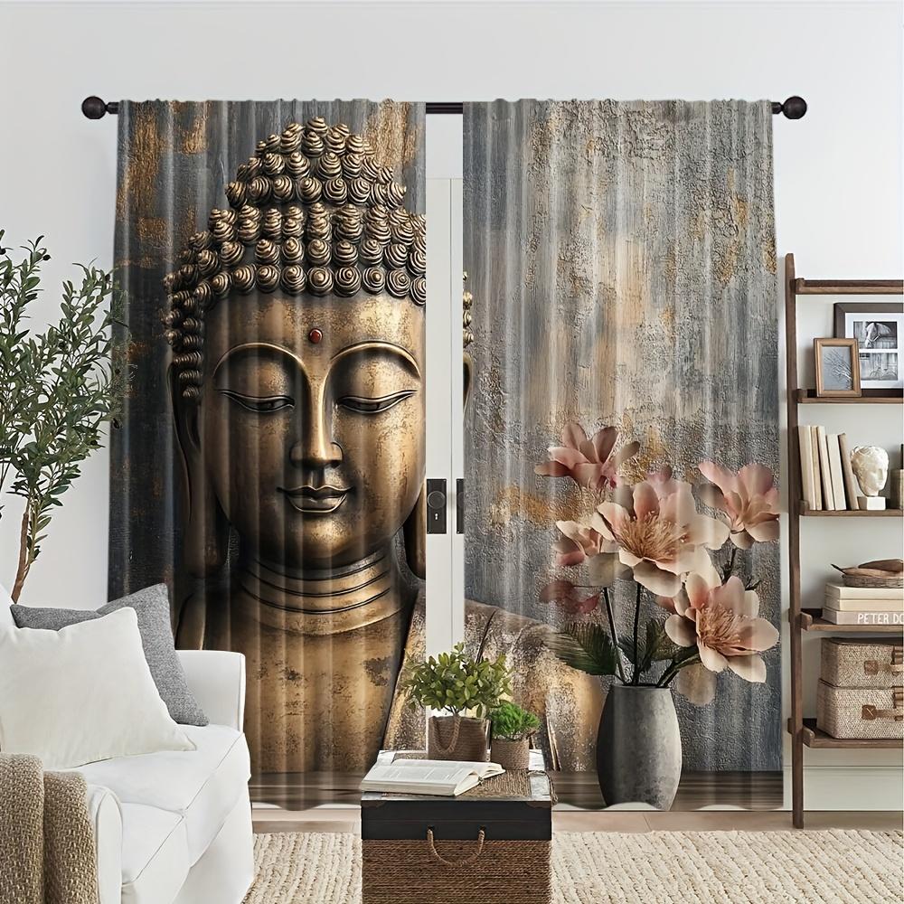 2pcs Buddha Head Print Curtains Magnolia Flower Pattern Zen Style Polyester Window Drapes for Living Room Bedroom Decor