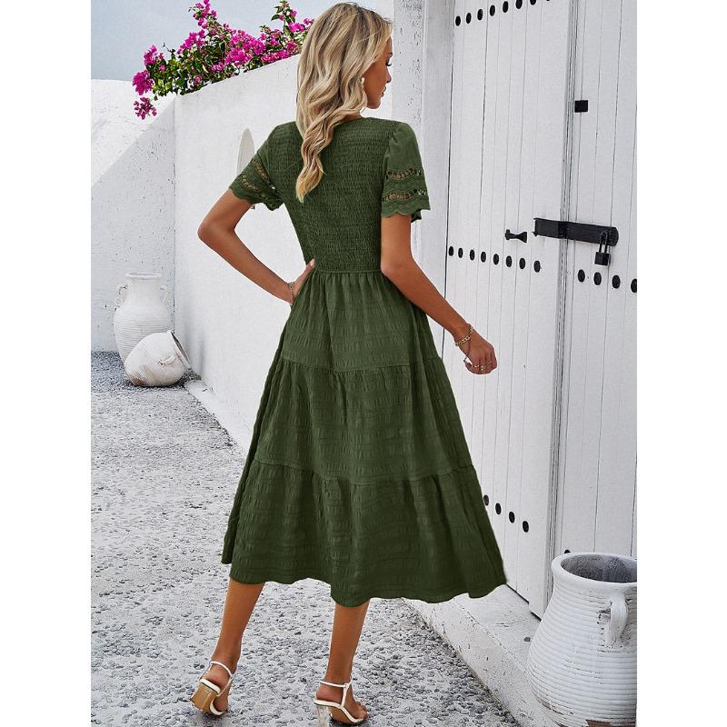 Women's Spring and Summer Temperament Solid Color Short-sleeved Hollowed Out Dresses