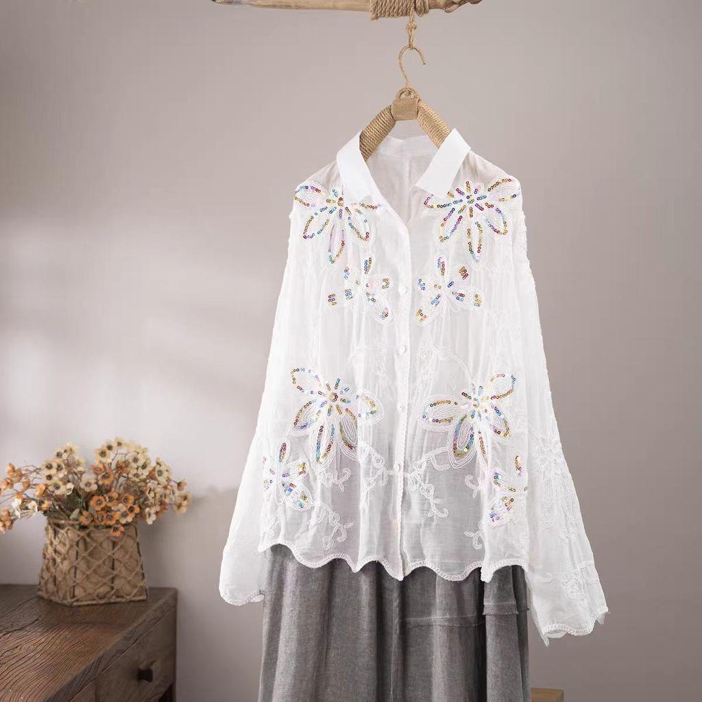 Haut Crochet Brodé Ethnique pour Femme - Polyvalent à Manches Longues avec Détails Floraux à Sequins