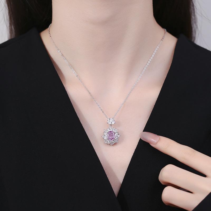S925 Sterling Silver Necklace with Rose Red and Green Padparadscha Ice Flower Pendant - European & American Light Luxury Jewelry