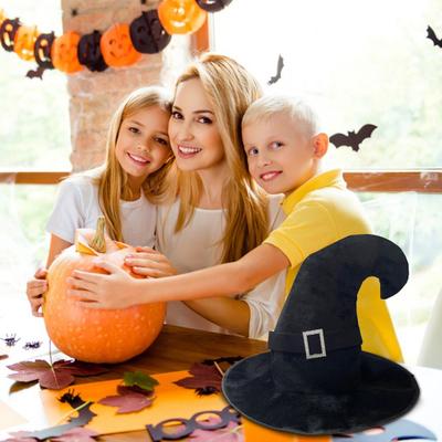 Velvet Witch Hat with Mysterious Button Design Wide Brim Solid Color Halloween Cosplay Hat Witch Costume Accessory