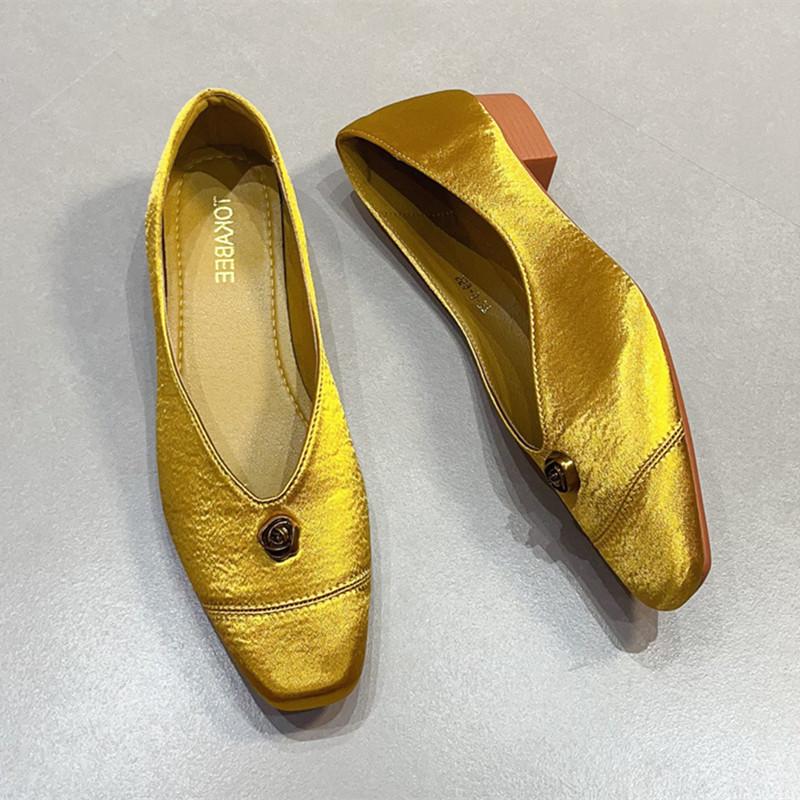 Fashion Elegant Gold Chunky Heel Women's Loafers Fashion Metal Flower Decoration Mules Casual Shoes for Women Light Comfort Office Shoes
