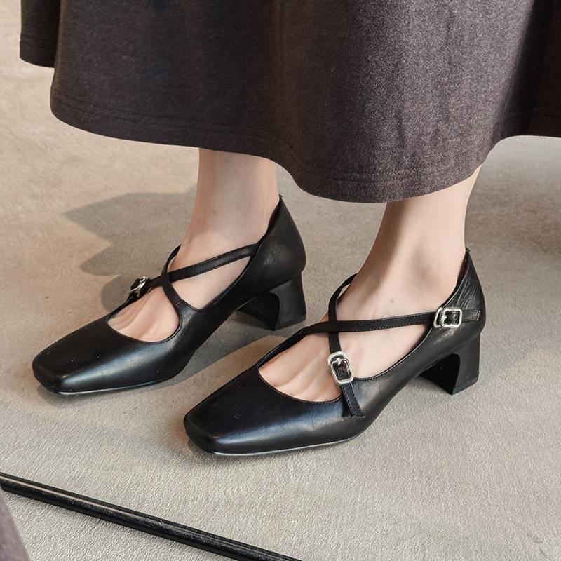 First layer cowhide cross strap Mary Jane shoes 2025 autumn square head thick heel medium heel leather single shoes women