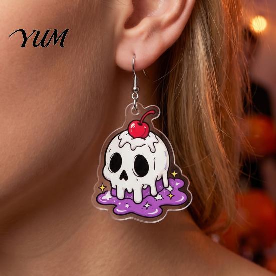 Lightweight Cartoon Pendant 1 Pair Acrylic Halloween Earrings for Women, 2D Flat Cute Unique Gothic Dangle Ghost Skull Drop Earrings, Holiday Jewelry
