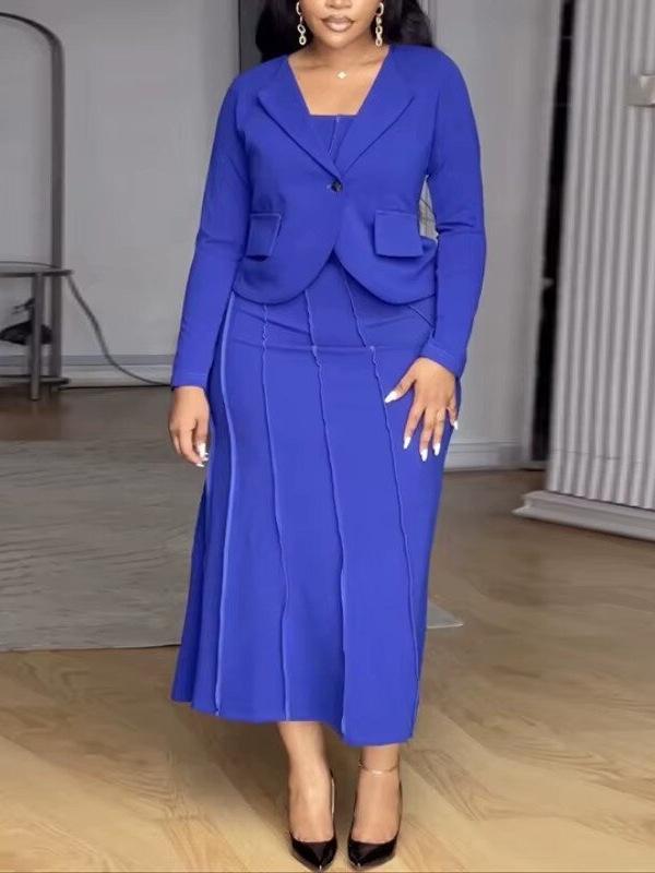 Women's Plus Size Camisole Dress & Jacket Set - Slimming Square Neck, Cinched Waist, Elegant Long Dress for Commuting or Dates