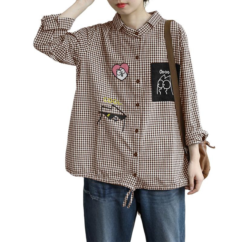 

ZANZEA Women Casual Turn Down Collar Loose Long Sleeve Grid Print Blouse XL коричневий