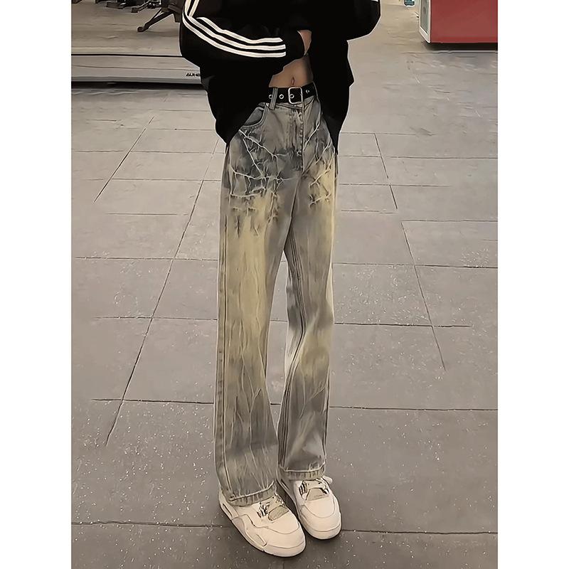 Lightning pattern jeans men's spring and autumn straight loose wide legs American high street old and thin pants trendy brand trousers