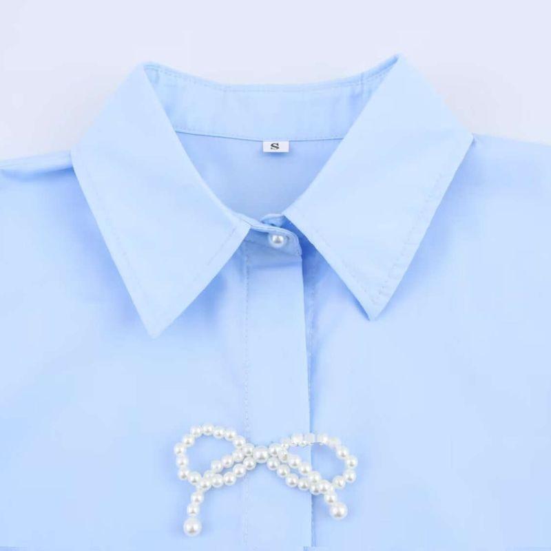 Kaslead New Women Clothes Western Style Decorated Pearls Poplin Long Sleeve Lapel Shirts 2136534 441