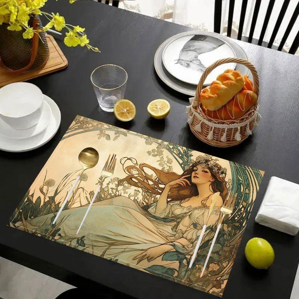 Set of 4 Beautiful Art Nouveau Vintage Alphonse Mucha Placemats, Stylish Printed Pattern Table Mats for Dining Table, Kitchen