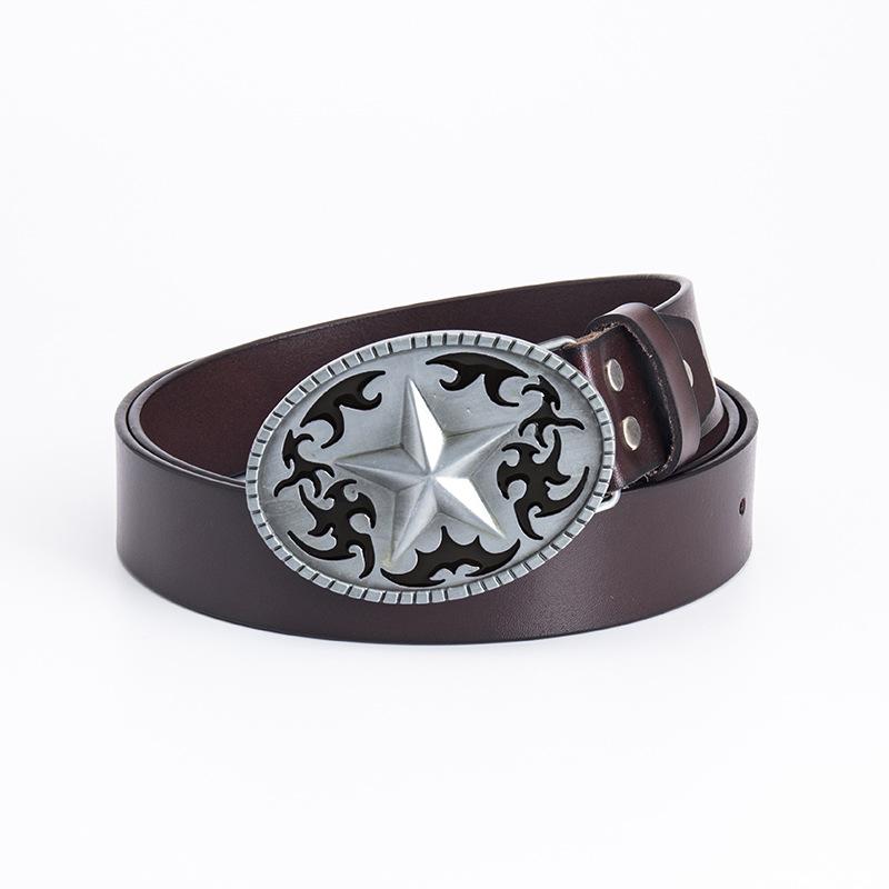 Pentagram Leather Men's Cowhide Belt Retro Smooth Buckle Wide Belt Decorative Belt