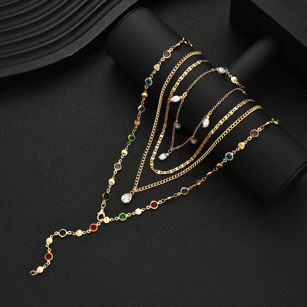 4 Pcs Simple Zircon Pearl Design Pendant Choker Necklace Set for Women Vintage Colorful Crystal Long Y-shaped Necklaces Jewelry