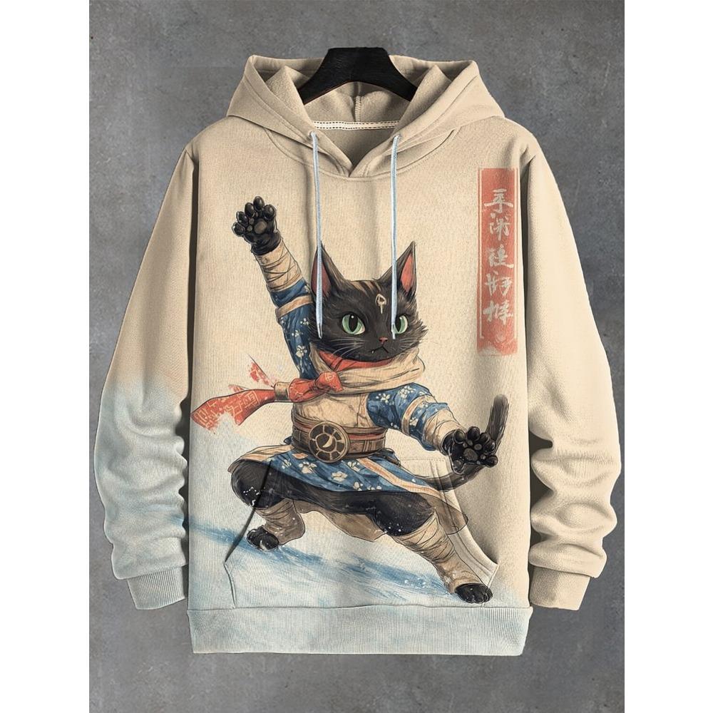 Cartoon Space Cat Pattern Hoodie Men's New Autumn/Winter Loose Pullover Sports Sweatshirt