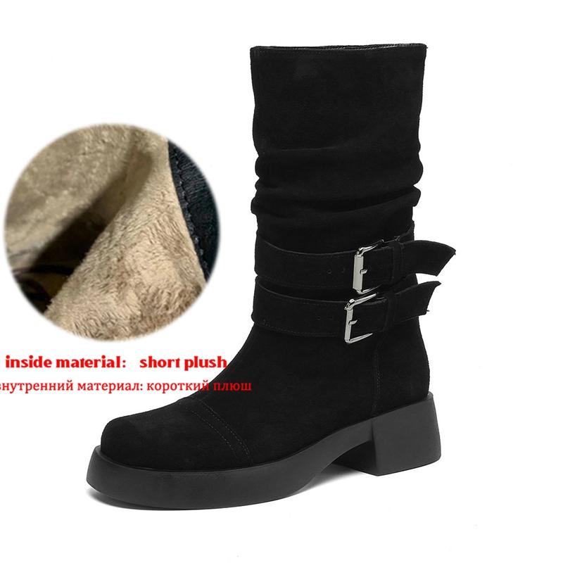 

Krazing Pot Cow Suede Nubuck Winter Round Toe Modern Boots Med Heels Slip on Pleated Style Metal Buckle Mid-calf Boots 42