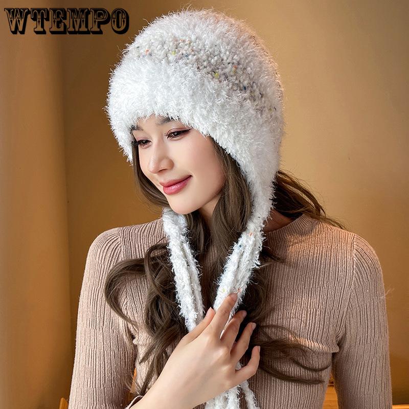 

Winter Warm Women s Hat Thickened Anti Cold Ear Protection Hat Plush Korean Version Student Knitted Hat бежевий