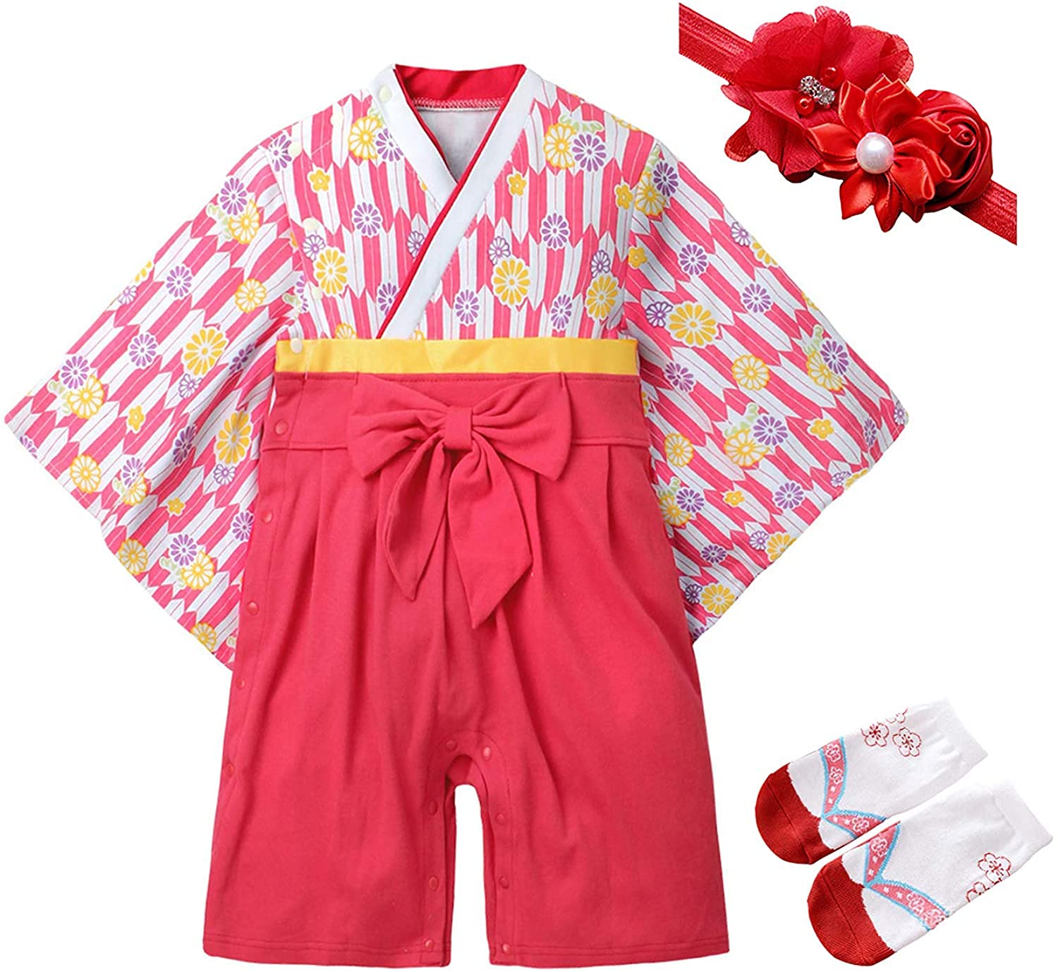 

Yilaku Kimono Romper, Baby Girl s Japanese Pattern, Hakama-Style Coverall, Scarlet