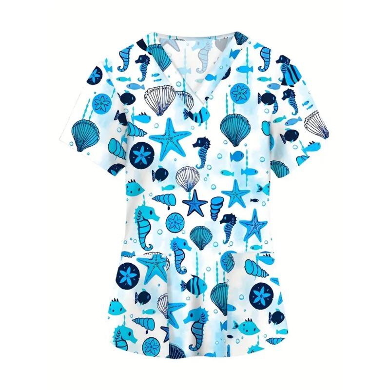 Uniformes Chirurgicaux Femme Imprimé Motifs Colorés Uniformes Chirurgicaux Col en V Manches Courtes Poche Plaquée T-shirt Médical de Bloc pour Femme