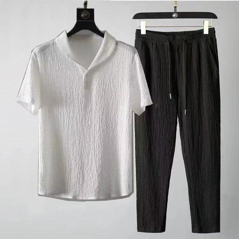 Sommer Modisches Trendy Herren Baumwolle Leinen 2-teiliges Set Casual Sportanzug Schalkragen Weißes Kurzarm T-Shirt