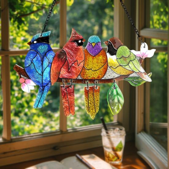 Birds On A Branch Suncatcher Stained Glass Acrylic Window Hanging Decoration with 4 Birds for Garden Home Decor Bird Lover Gift for Mom Grandma