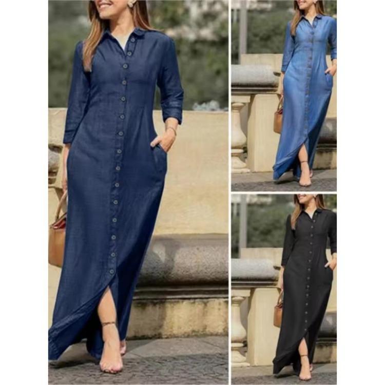 Women Casual Denim Shirt Dress Long Sleeve Button Down Collar Flip Tie Pocket Long Skirt Comfortable New Fashion Autumn