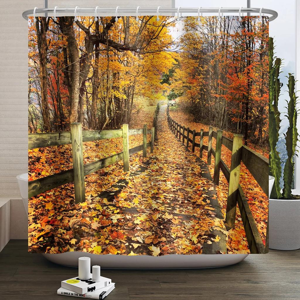 Fall Forest Natural Scene Shower Curtain for Bathroom Autumn Maple Tree Plants Rural Landscape Pumpkin Waterproof Shower Curtain