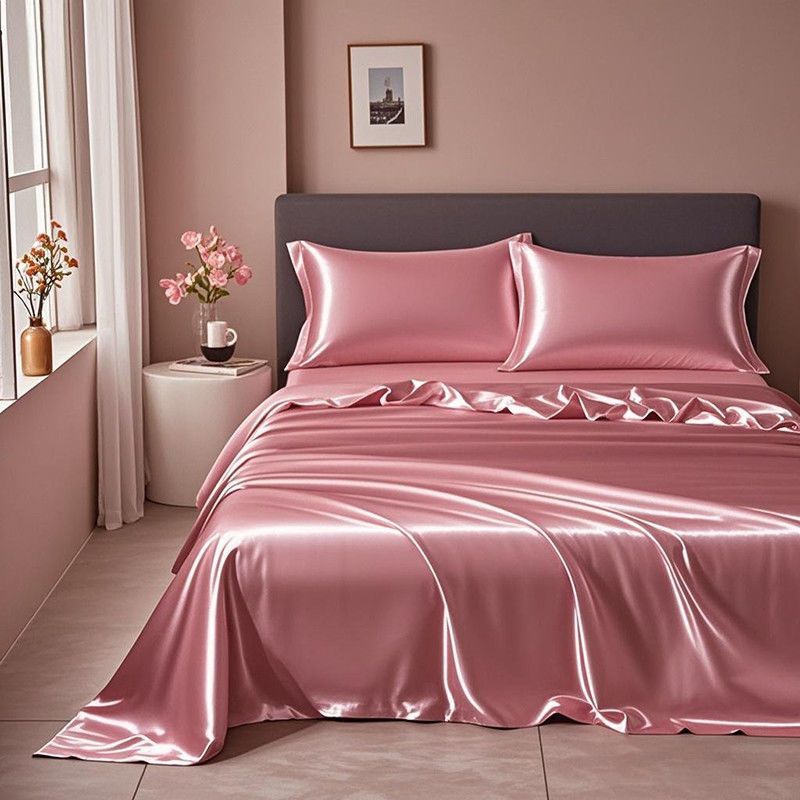Ice Silk Bed Sheet Set Summer Cooling Solid Color Soft Durable Machine Washable Dormitory Single Bedding Set