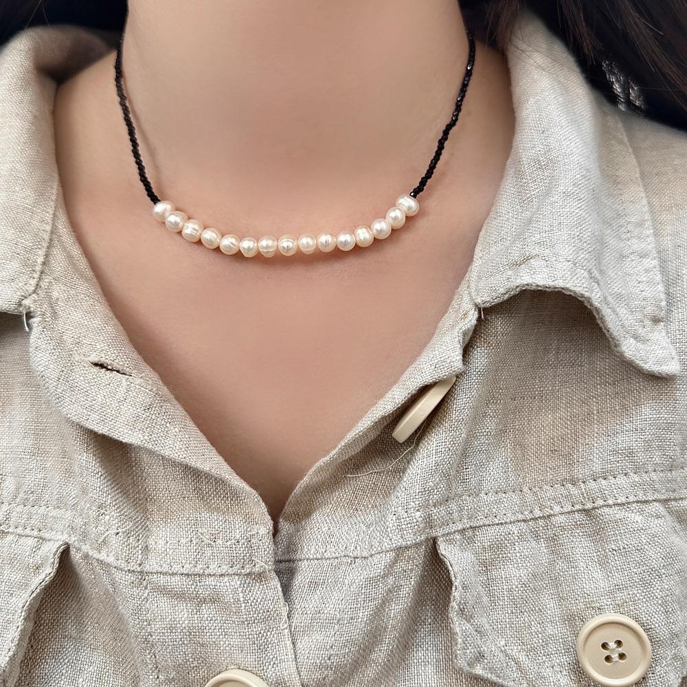 Freshwater Pearl Black Crystal Necklace Female Korean Niche Design Retro Temperament Neck Chain Collarbone Chain Copper Plated Real Gold