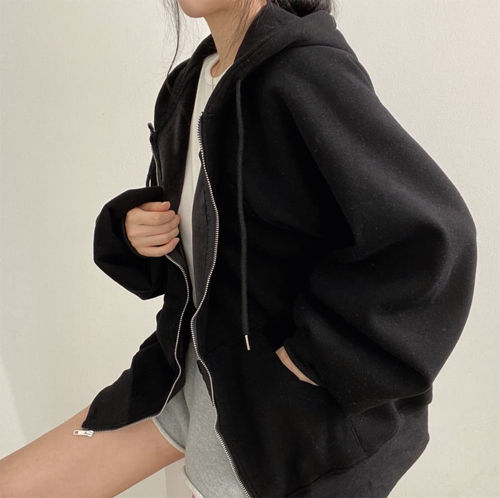 Hoodie with Fleece Loose Harajuku Long Sleeve Top for Fall and Winter QYY-1 Women's Zip-Up Lining, Thick, Warm, Stylish, Casual, Fit, Oversized,