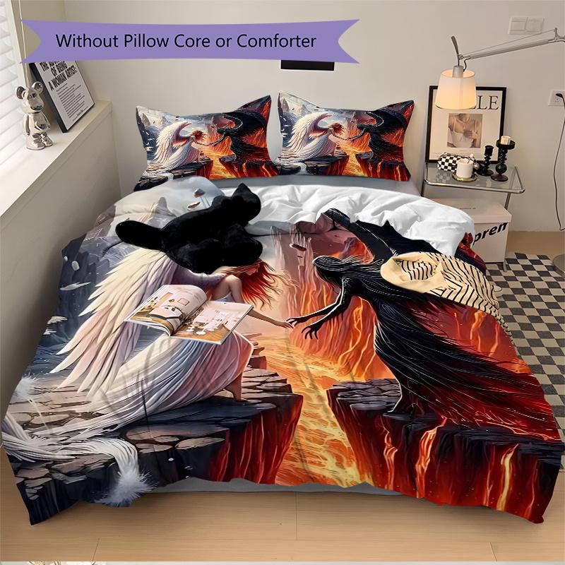 3pcs Angel vs Devil Fantasy Art Print, One Quilt Cover and Two Pillowcases (No Core), Anime Cartoon Design for Bedding Set, Home Decor, Gift