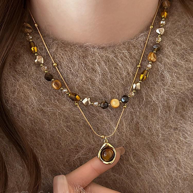 Women's Light Luxury Tiger's Eye Beaded Necklace Set: Natural Stone Clavicle & Sweater Chain